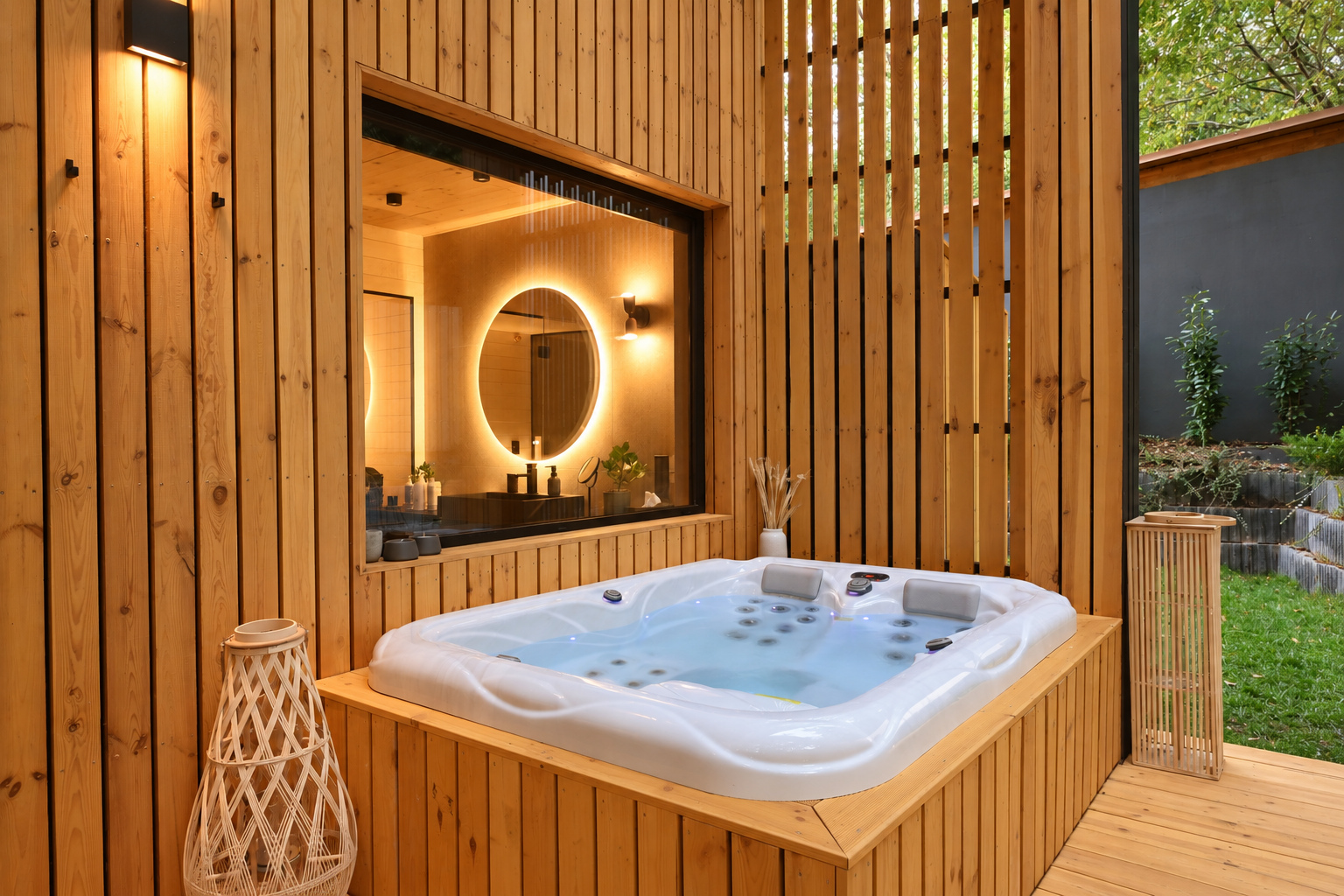 A privát jakuzzi és a fürdőszoba ablaka.