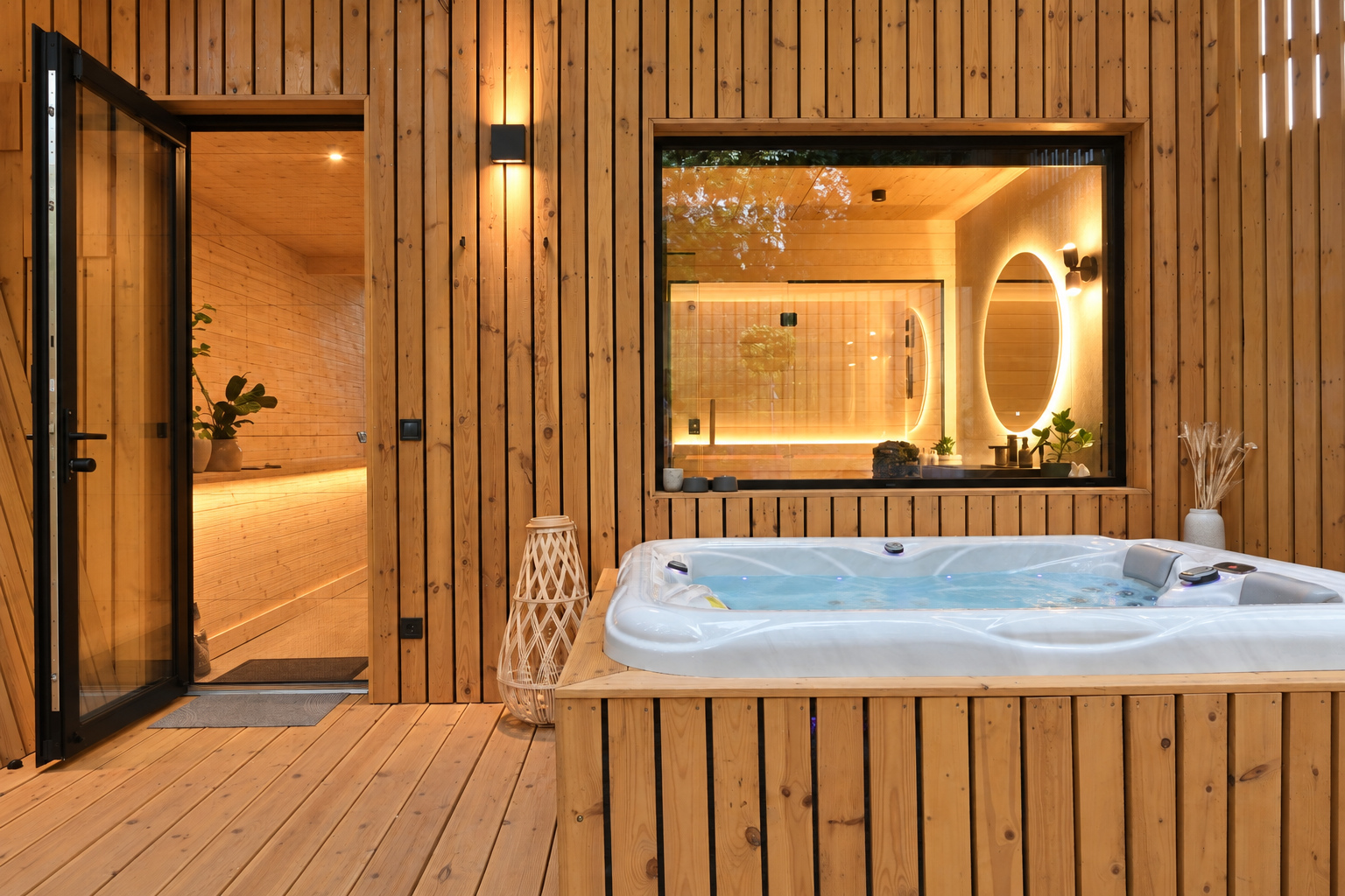 Jakuzzi a fedett fa teraszon.