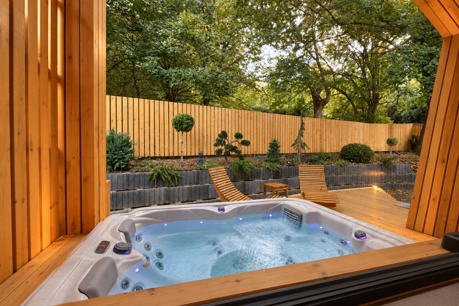 Jakuzzi kertre és pihenőszékekre néző kilátással.